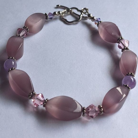 Handmade Pink Cat's Eye Glass, Amethyst Beads, & Sterling Silver Bracelet - Picture 3 of 8